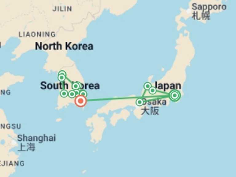 Map of Asia Tour with 8 destination visits for the trip: Eternal Japan and Korea