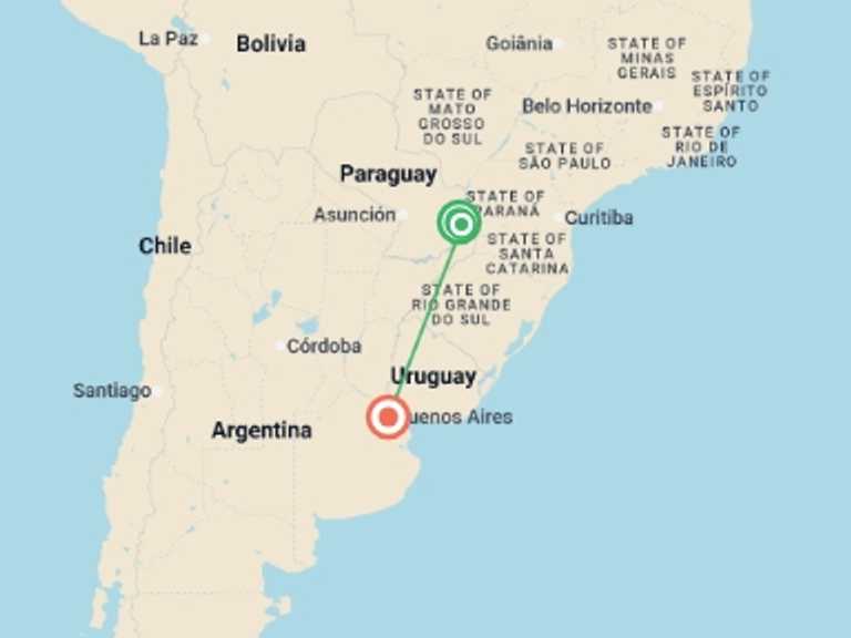 Map itinerary of South America Tour in February 2027 with 5 destination visits for the trip: Argentina: Iguazú Falls & Buenos Aires - 6 days