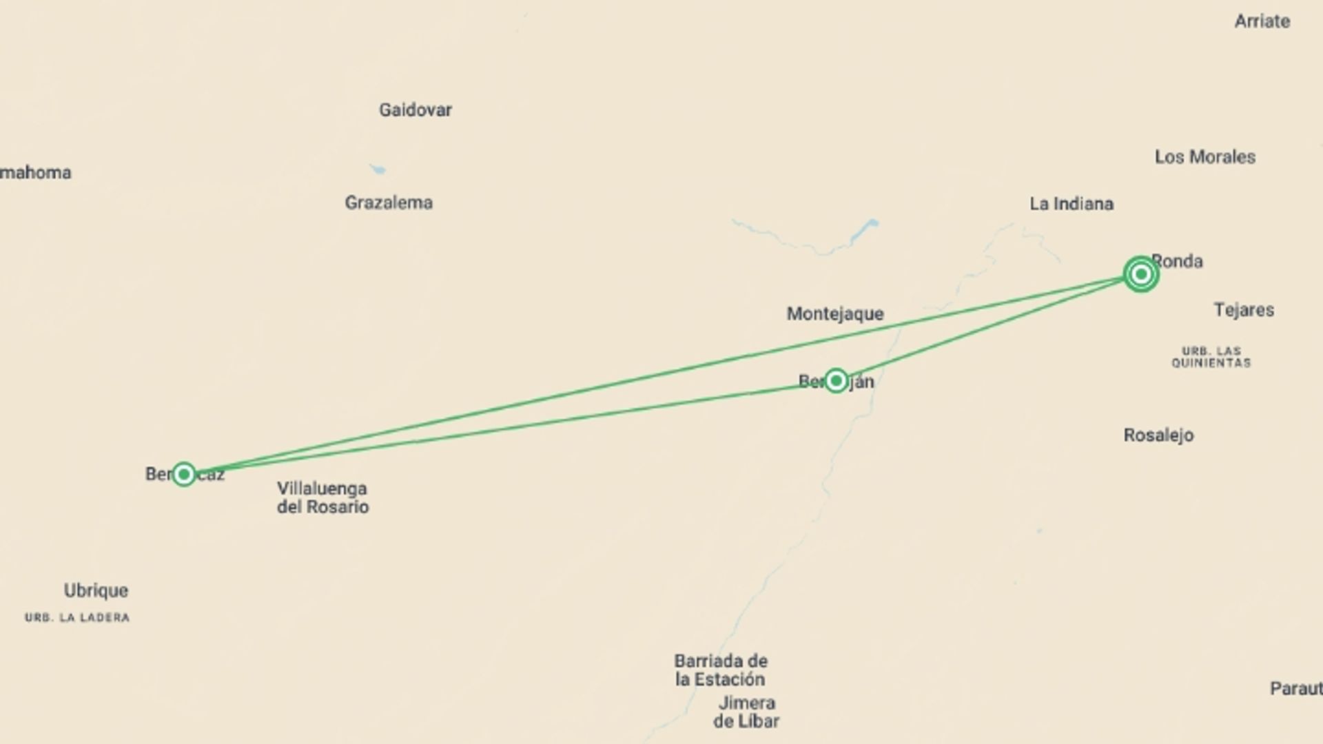 A map showing the tour itinerary for the trip: Ronda and the Sierra de Grazalema, starting in Ronda, Spain and ending in Ronda, Spain going through 2 other destinations.