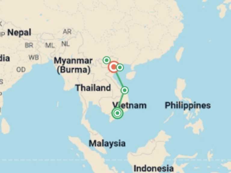 Map itinerary of Vietnam Tour in July 2026 with 6 destination visits for the trip: Vietnam Family Fun - 9 days