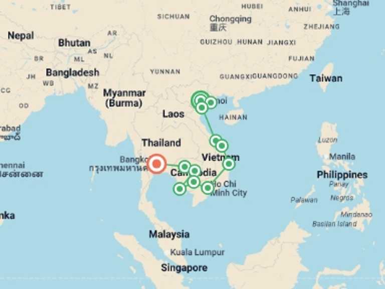 Map itinerary of Hanoi Tour in July 2027 with 13 destination visits for the trip: Epic Vietnam to Cambodia