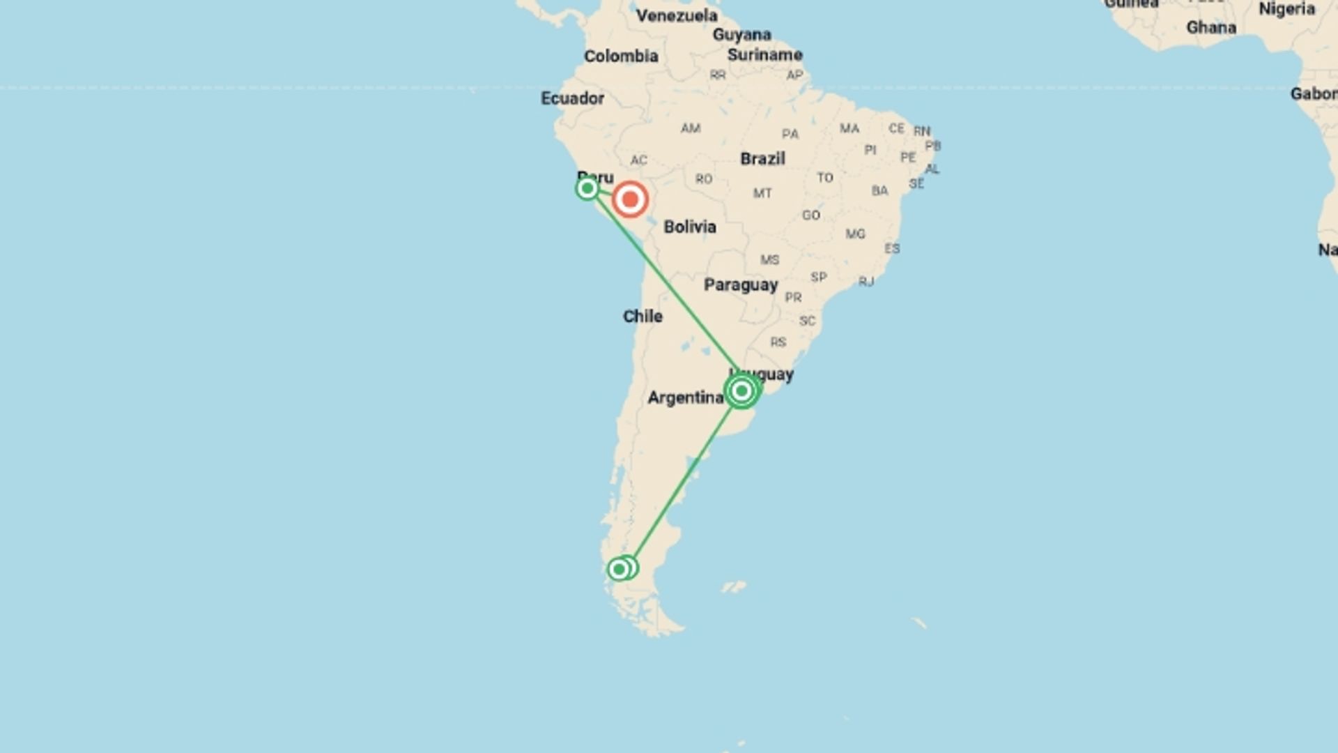 A map showing the tour itinerary for the trip: 15-Day Journey Across Argentina & Peru, starting in Buenos Aires, Argentina and ending in Cusco, Peru going through 5 other destinations.