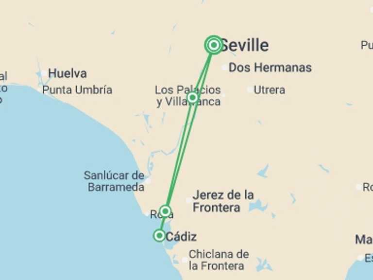 Map itinerary of Spain Tour in February 2026 with 3 destination visits for the trip: Amazing Andalusia: Enchanting Villages, Traditional Architecture, and Fabulous Cuisine (port-to-port cruise)