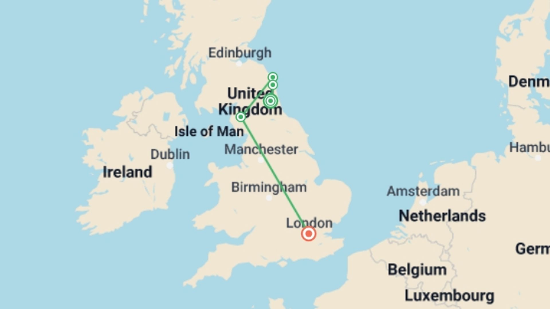 A map showing the tour itinerary for the trip: Hike Hadrian's Wall and the Lake District, starting in Newcastle, England and ending in Eden Valley, England going through 4 other destinations.