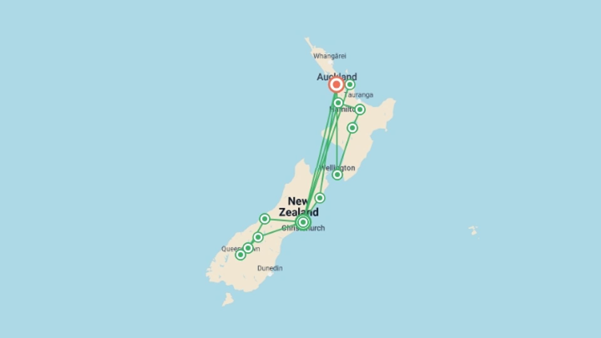 A map showing the tour itinerary for the trip: New Zealand Uncovered, starting in Christchurch, New Zealand and ending in Auckland, New Zealand going through 10 other destinations.
