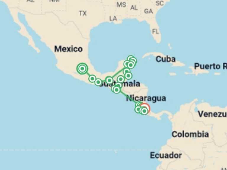 Map itinerary of Central America Tour in Summer with 21 destination visits for the trip: Central America Youth Expedition  - 40 days