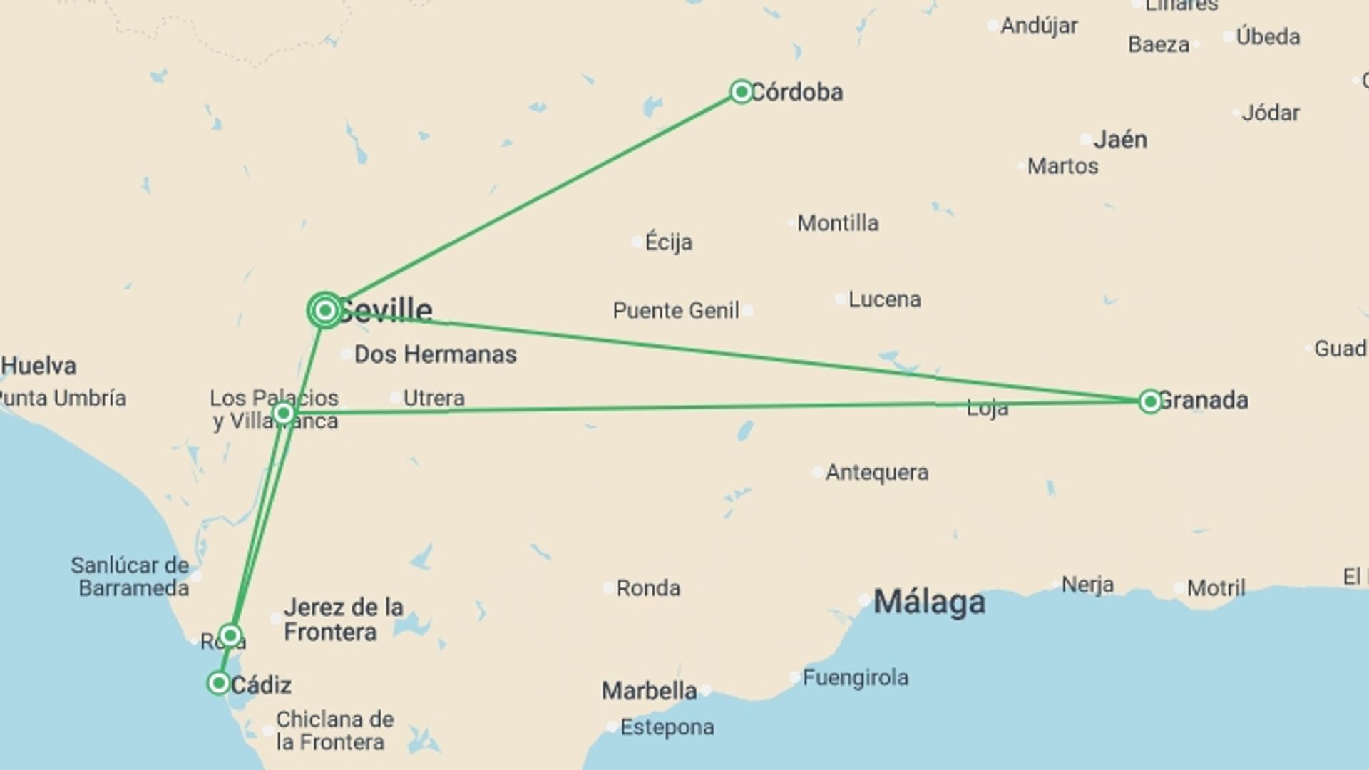 A map showing the tour itinerary for the trip: Andalusia Special ¿Feria¿: The Splendors of Andalusia Along the Guadalquivir (port-to-port cruise), starting in Seville, Spain and ending in Seville, Spain going through 3 other destinations.