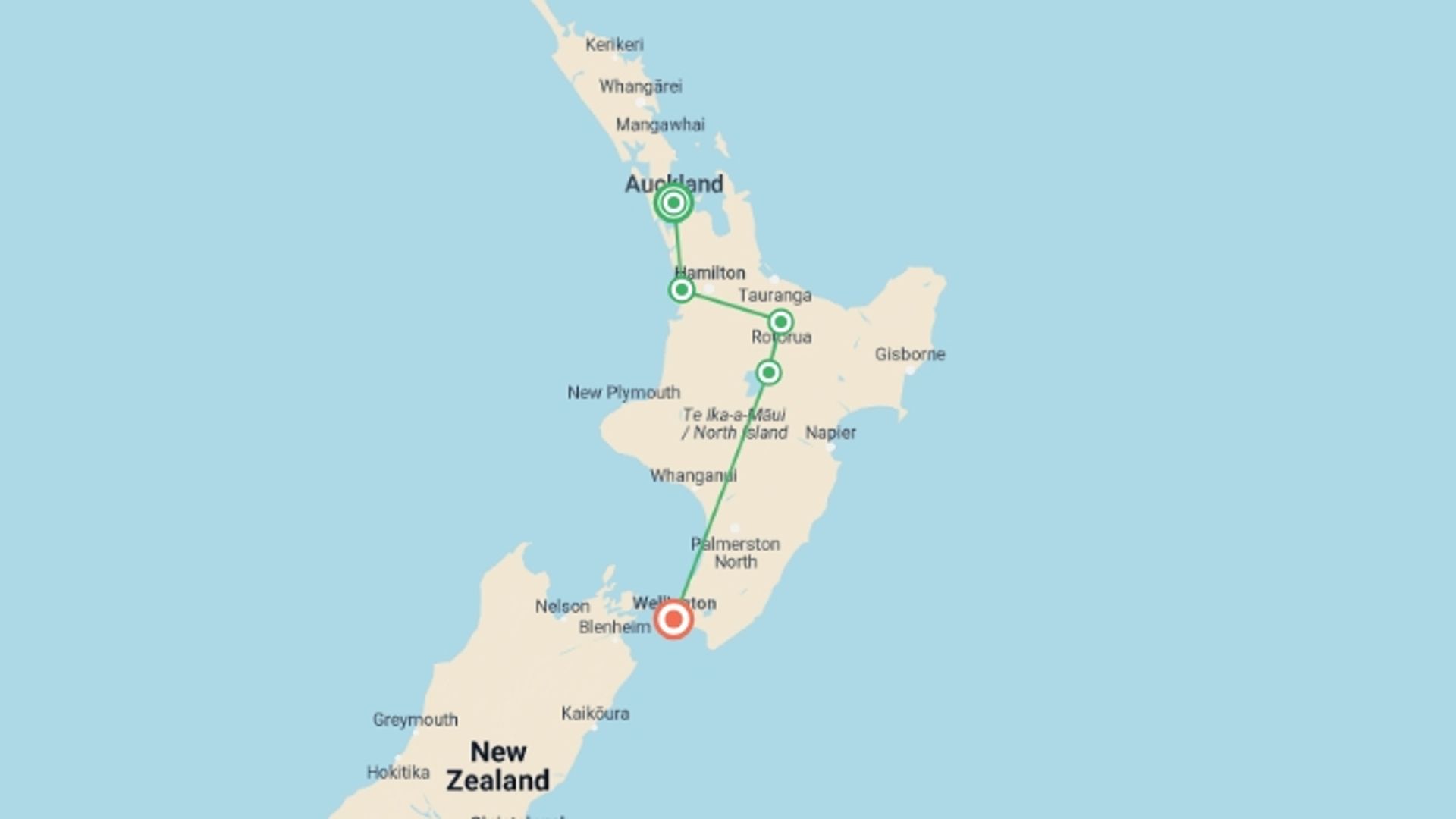 A map showing the tour itinerary for the trip: New Zealand: Best of the North Island, starting in Auckland, New Zealand and ending in Wellington, New Zealand going through 3 other destinations.