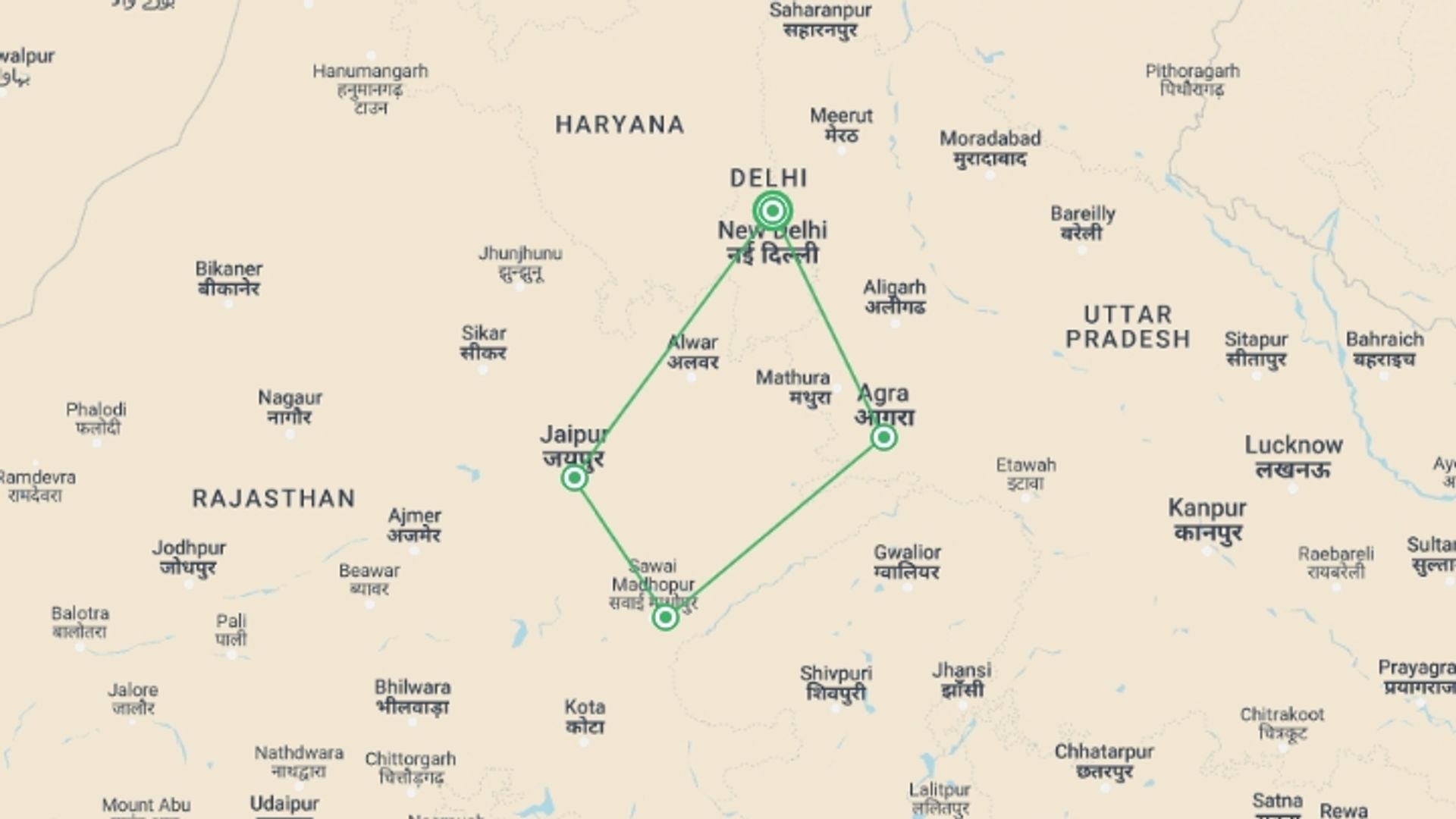 A map showing the tour itinerary for the trip: Golden Triangle + Ranthambhore, starting in New Delhi, India and ending in New Delhi, India going through 5 other destinations.