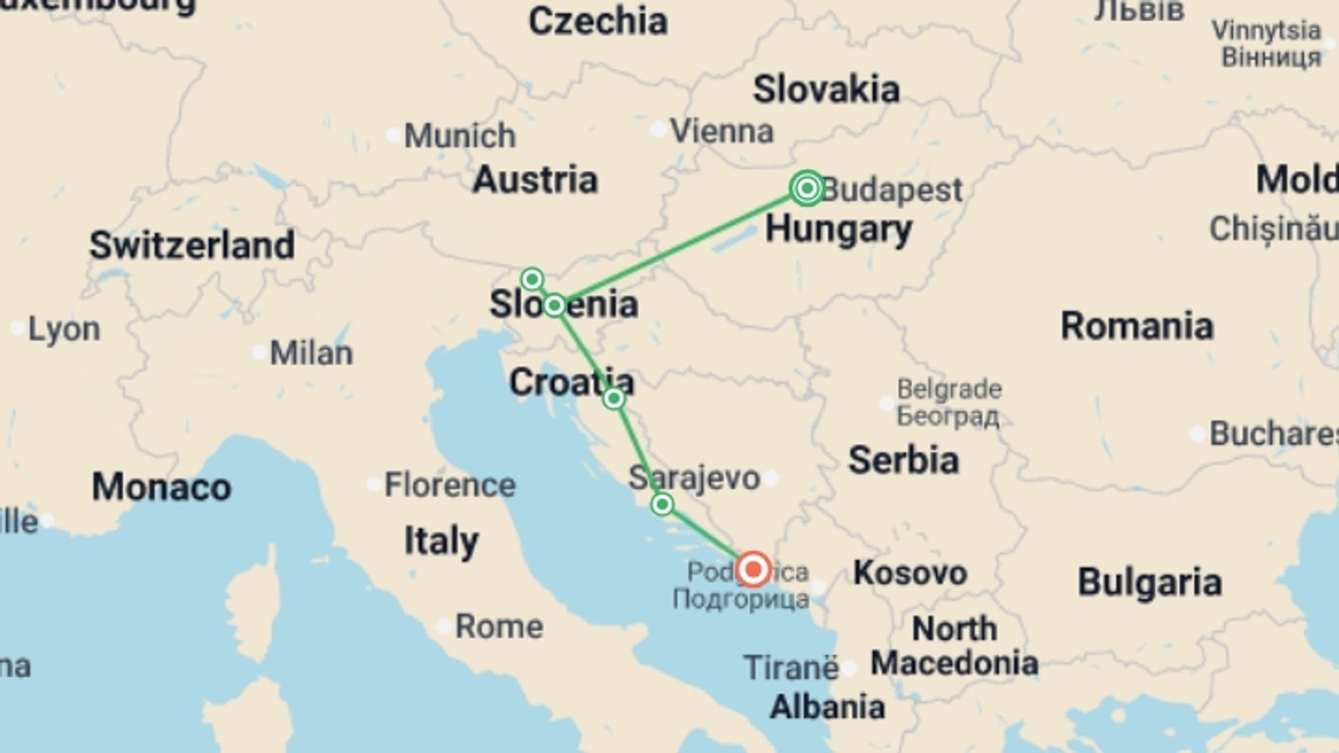 A map showing the tour itinerary for the trip: Balkans Escape, starting in Budapest, Hungary and ending in Dubrovnik, Croatia going through 3 other destinations.