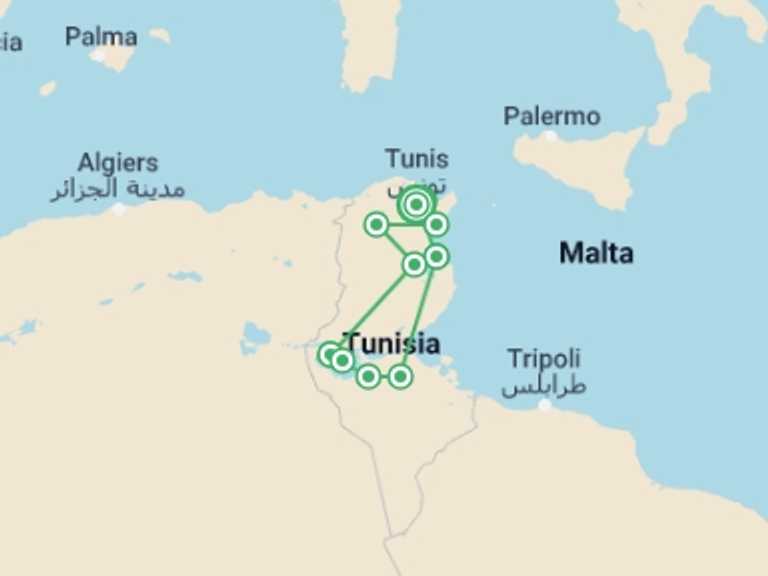 Map of Tunisia Tour with 7 destination visits for the trip: Wonders of Tunisia
