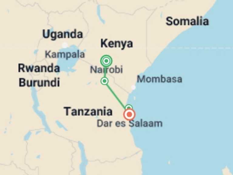 Map of Nairobi Overland Journeys Tour with 3 destination visits for the trip: Nairobi To Dar Es Salaam (14 Days)