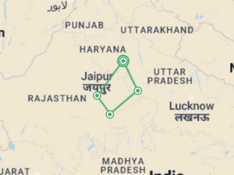 Map itinerary of Rajasthan Tour in Summer with 5 destination visits for the trip: Best of North India