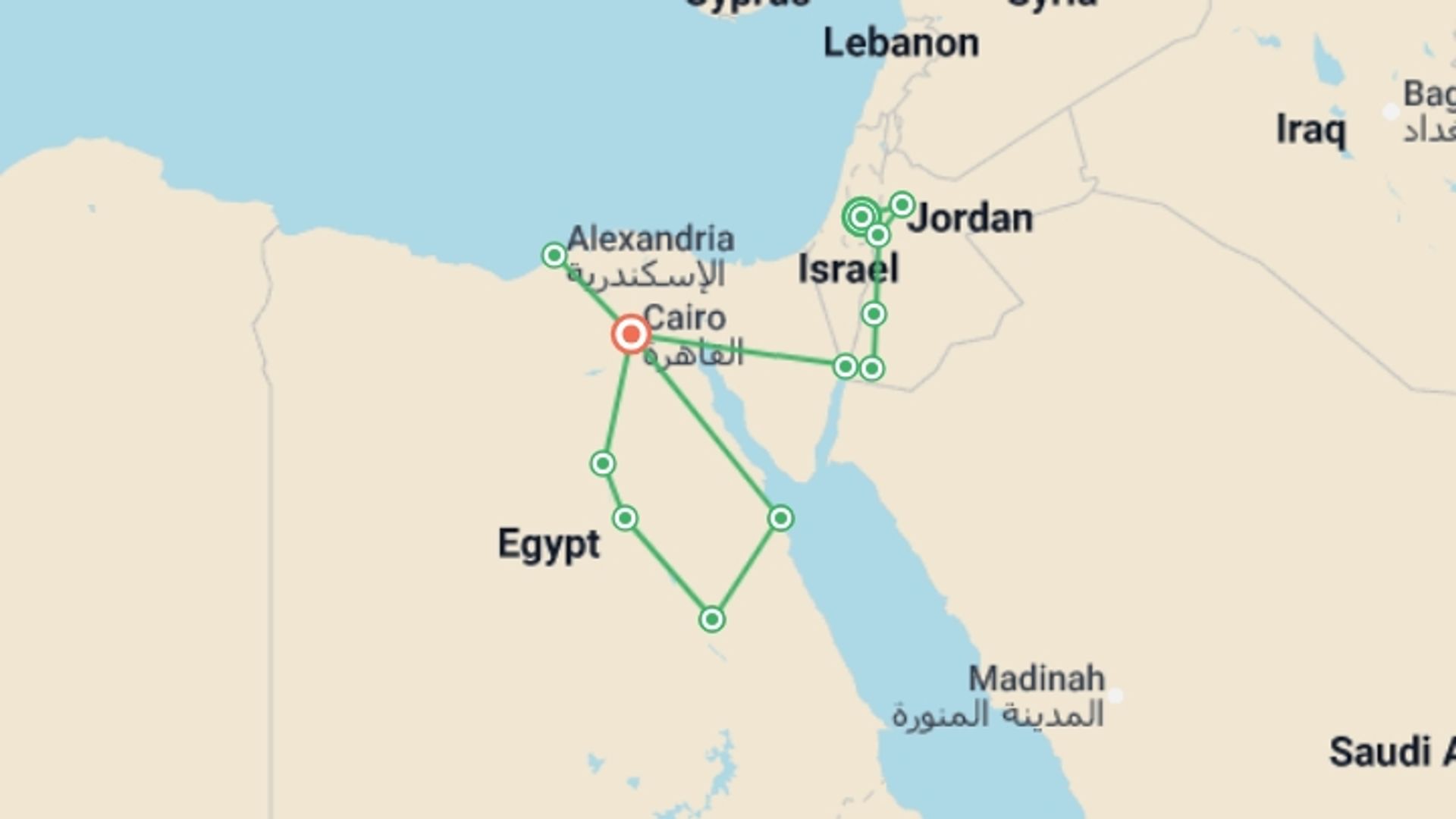 A map showing the tour itinerary for the trip: All Jerusalem, Jordan and Egypt by land, starting in Jerusalem, Israel and ending in Cairo, Egypt going through 10 other destinations.