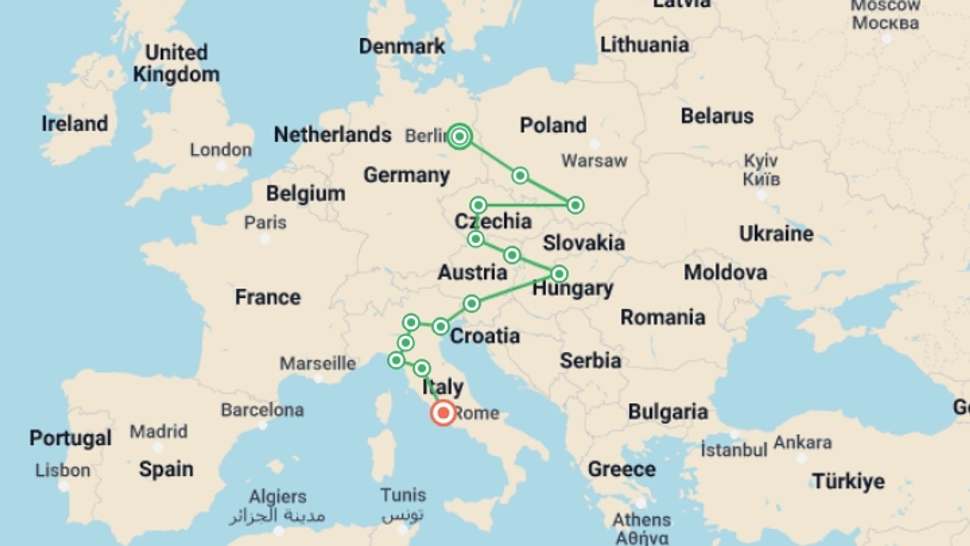 A map showing the tour itinerary for the trip: Epic Europe: Central and Italy, starting in Berlin, Germany and ending in Rome, Italy going through 12 other destinations.
