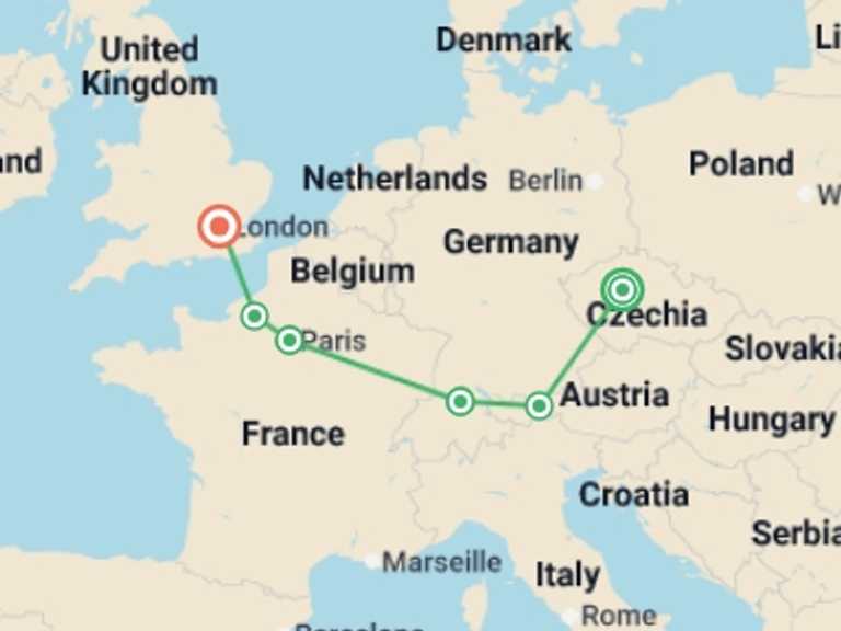 Map of Europe Explorer Tour with 6 destination visits for the trip: Great European Cities GO