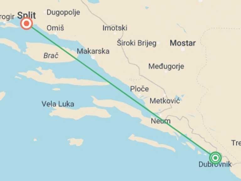 Map itinerary of Split Tour in Summer with 2 destination visits for the trip: Dubrovnik And Split, Private Tour