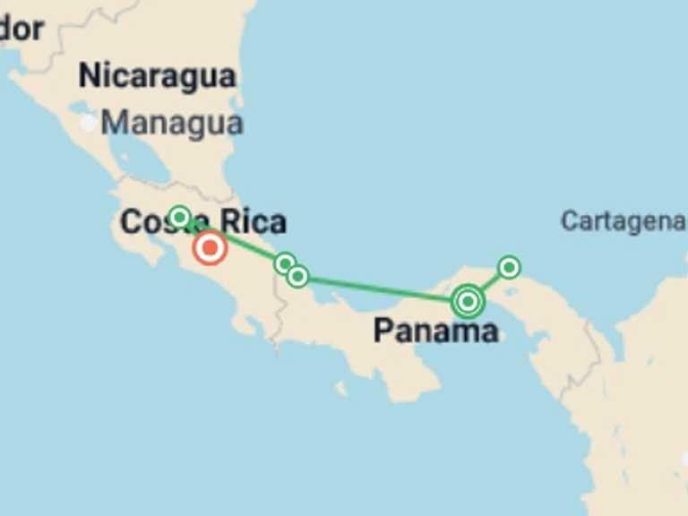 Map of 10-Day San Jose Tour with 6 destination visits for the trip: Panama City to San Jose Travel Pass