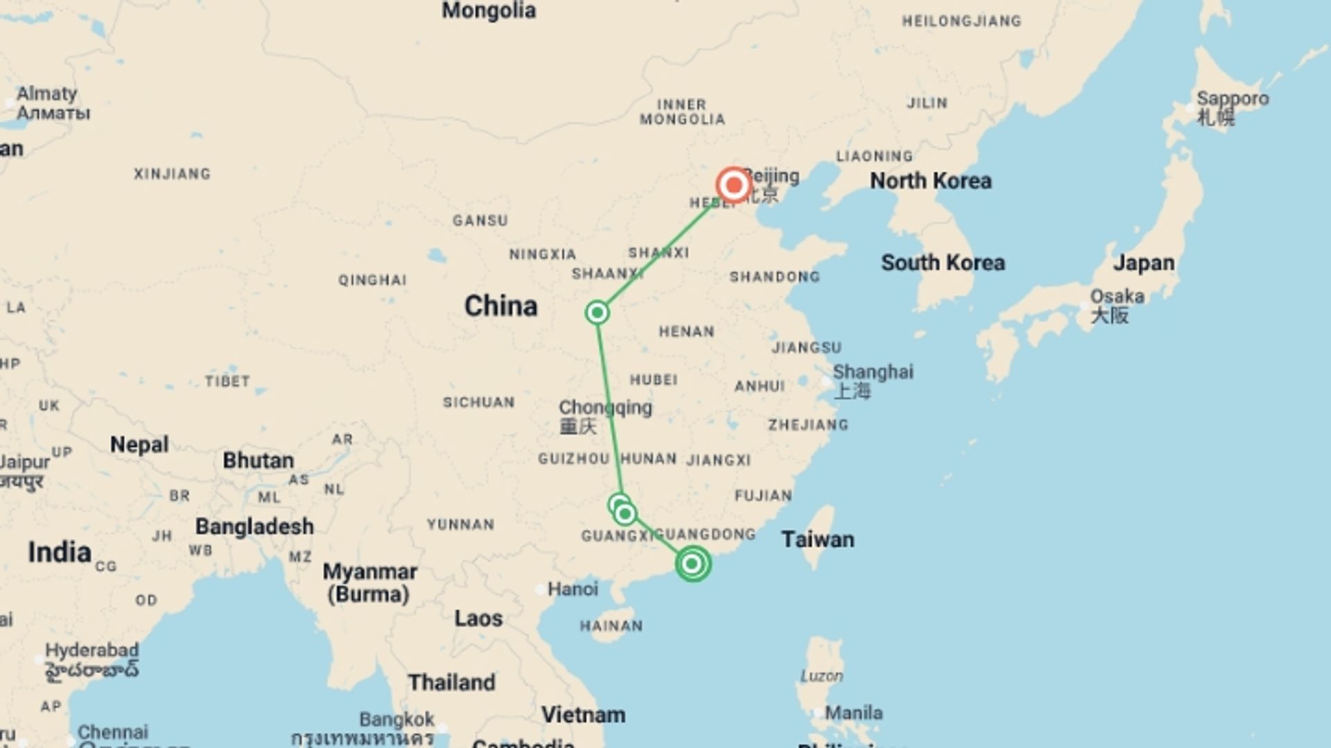A map showing the tour itinerary for the trip: China Highlights, starting in Hong Kong, Hong Kong and ending in Beijing, China going through 4 other destinations.