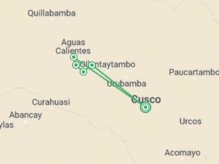 Map of 5-Day Cusco Tour with 4 destination visits for the trip: Five-Day Inca Trail to Machu Picchu – Private Service