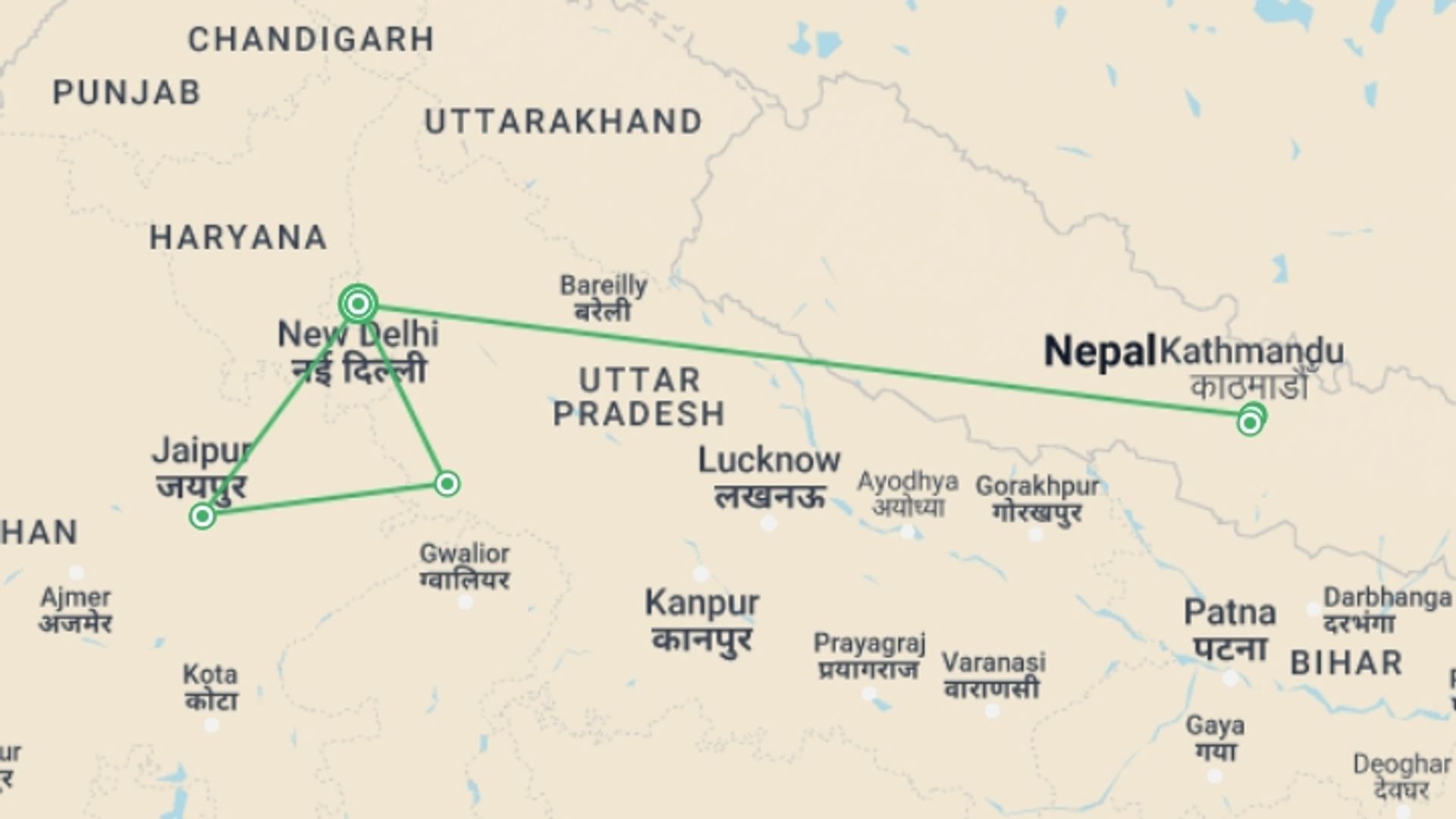 A map showing the tour itinerary for the trip: Golden Triangle With Kathmandu, Supersaver (multi Country), starting in New Delhi, India and ending in New Delhi, India going through 4 other destinations.