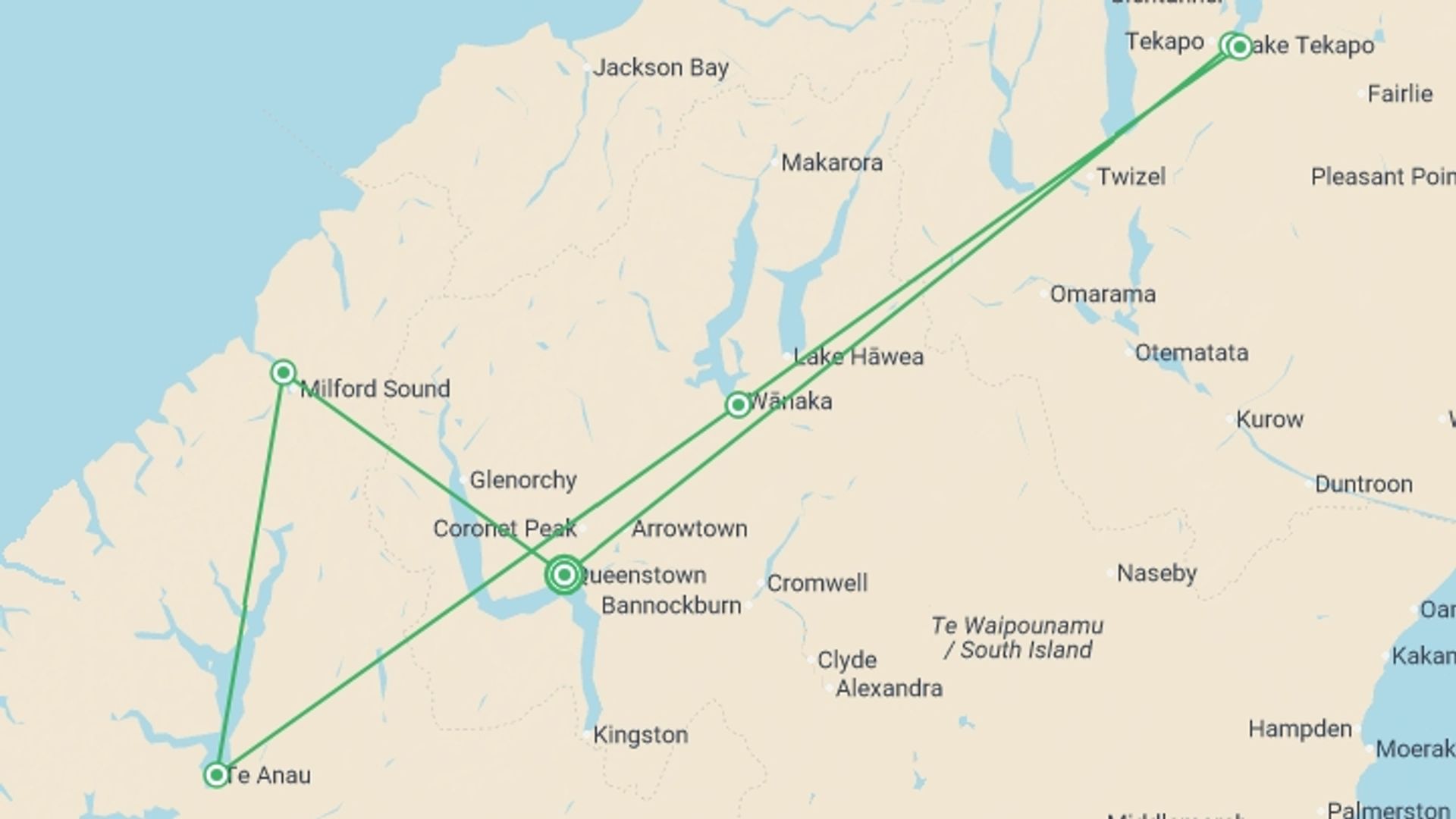 A map showing the tour itinerary for the trip: NZ Adventure South, starting in Queenstown, New Zealand and ending in Queenstown, New Zealand going through 4 other destinations.