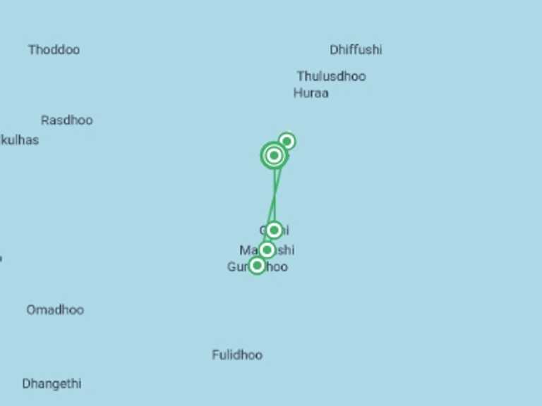 Map itinerary of Asia Tour in October 2026 with 5 destination visits for the trip: South Maldives Island Hopping - 8 days