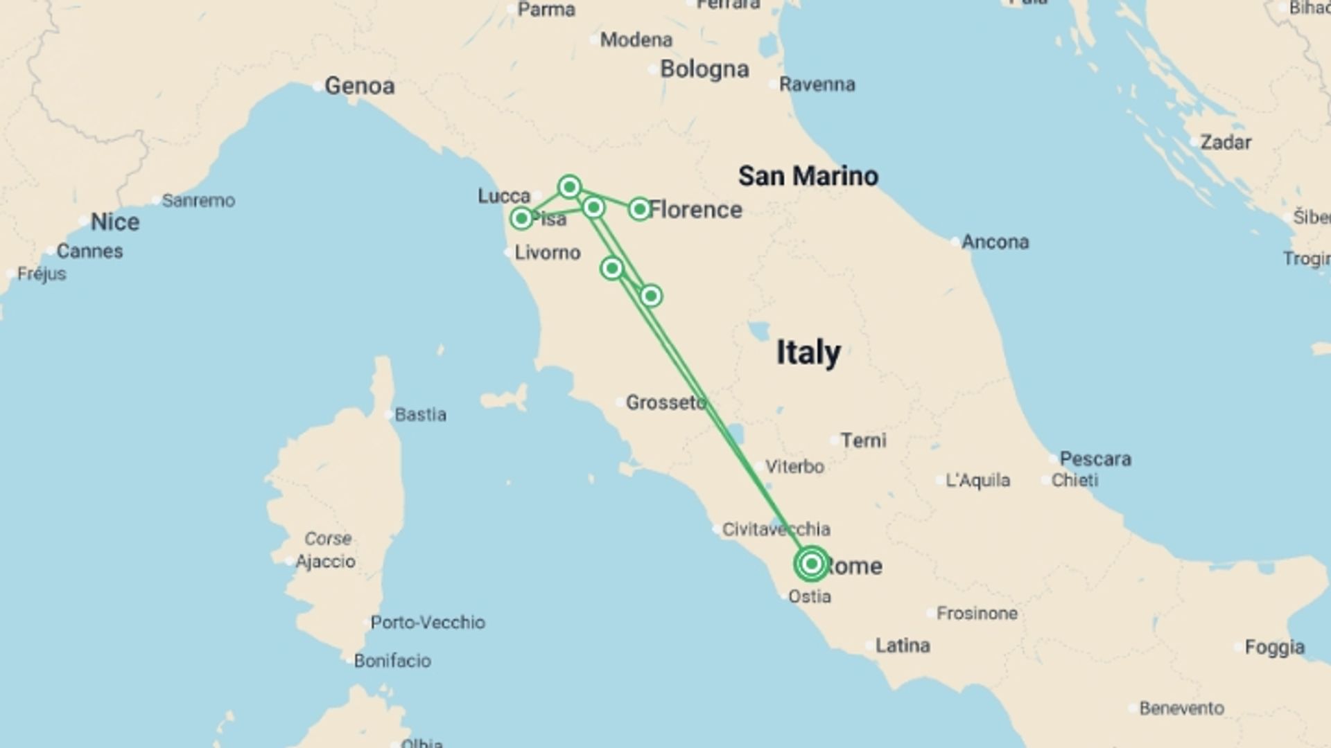 A map showing the tour itinerary for the trip: Rome and Tuscan Highlights, starting in Rome, Italy and ending in Rome, Italy going through 4 other destinations.