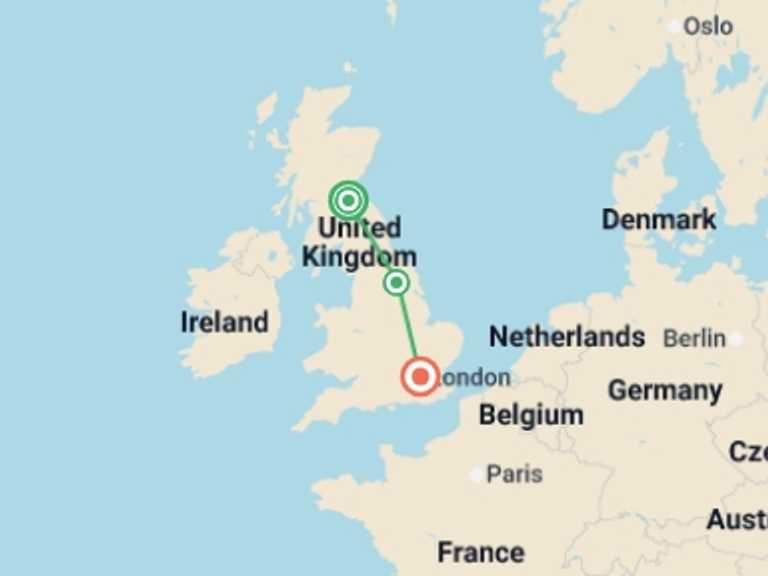Map of Europe Tour with 3 destination visits for the trip: Edinburgh York and London by Rail