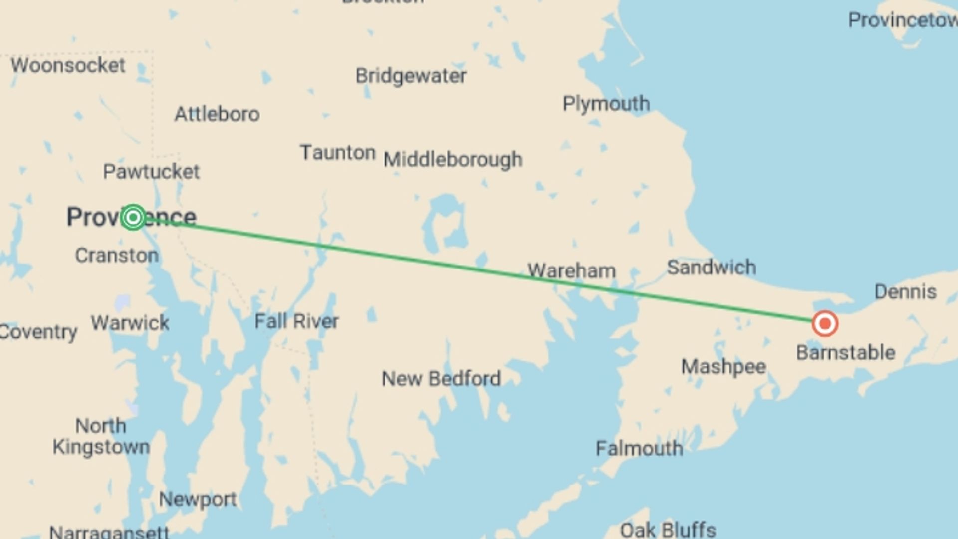 A map showing the tour itinerary for the trip: Islands of New England , starting in Providence, USA and ending in Cape Cod, USA going through 0 other destinations.