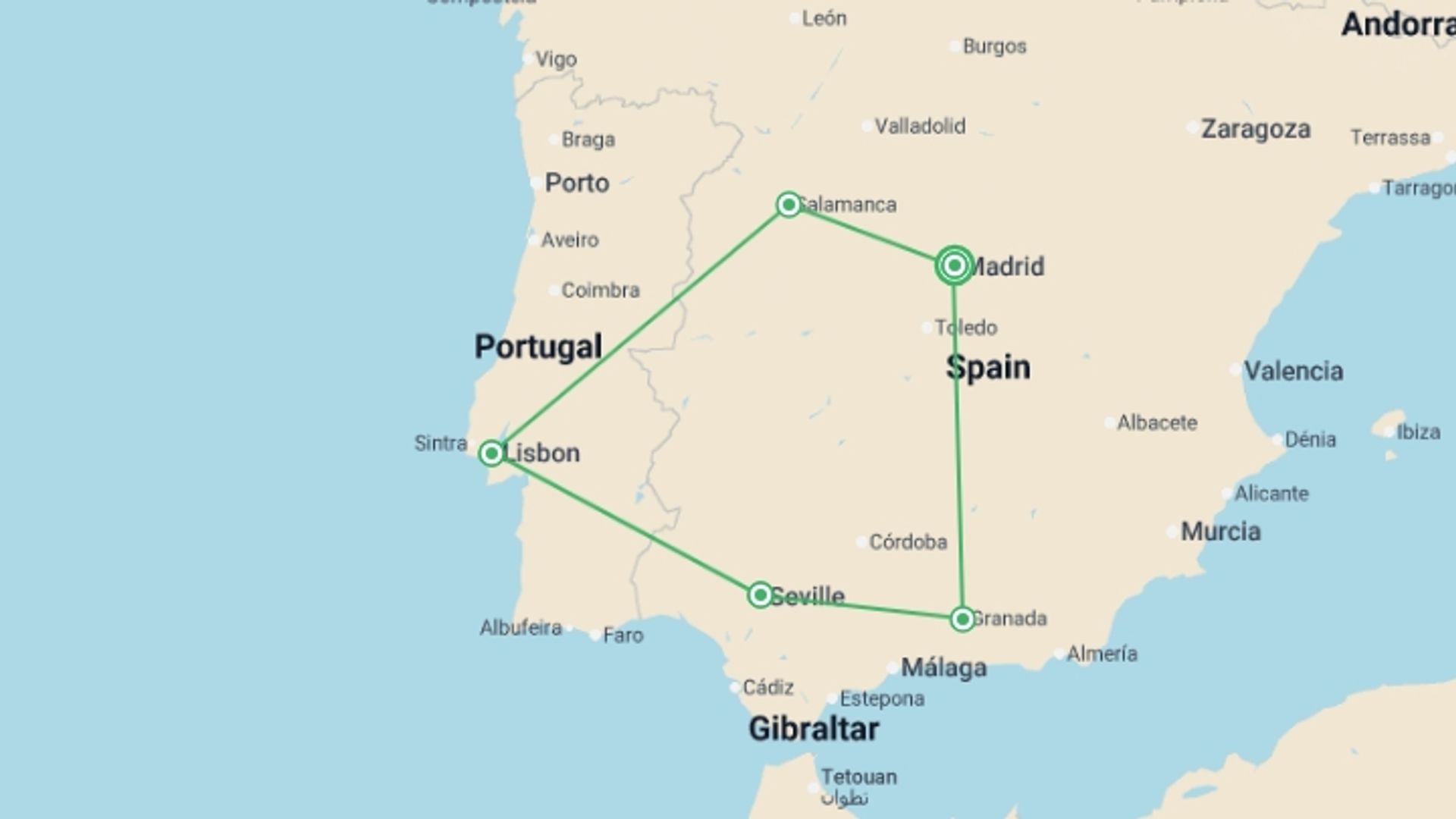 A map showing the tour itinerary for the trip: Amazing Spain and Portugal, starting in Madrid, Spain and ending in Madrid, Spain going through 4 other destinations.