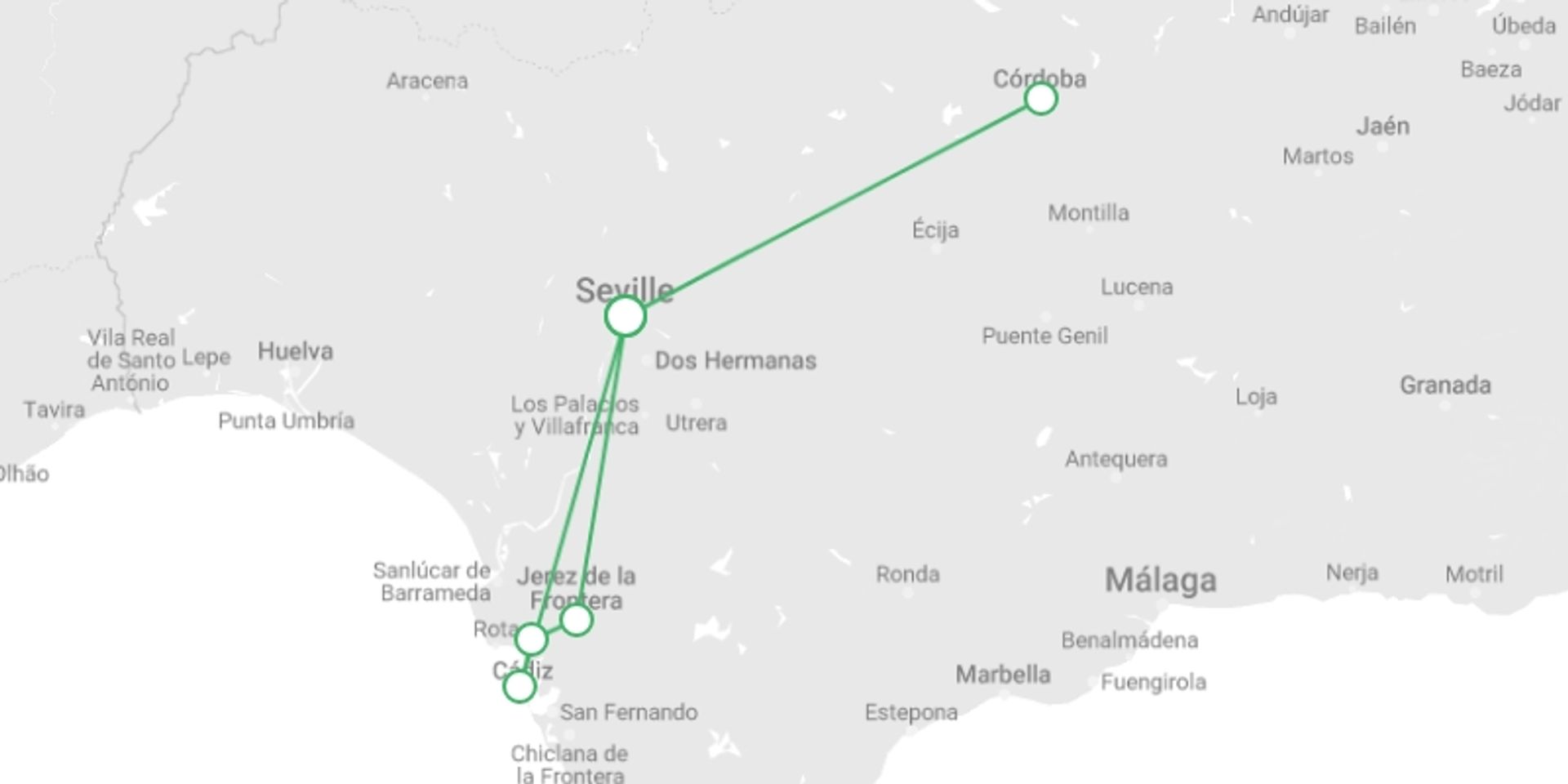 A map showing the tour itinerary for the trip: Andalusian New Year (port-to-port cruise), starting in Seville, Spain and ending in Seville, Spain going through 2 other destinations.