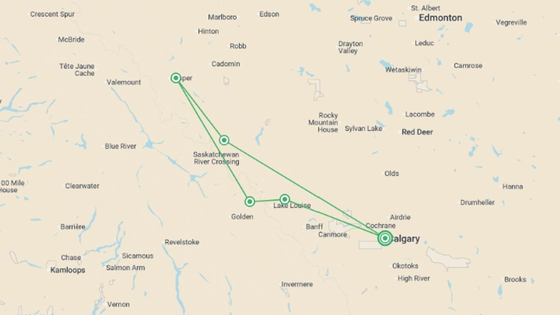 A map showing the tour itinerary for the trip: Hiking in the Canadian Rockies, starting in Calgary, Canada and ending in Calgary, Canada going through 4 other destinations.