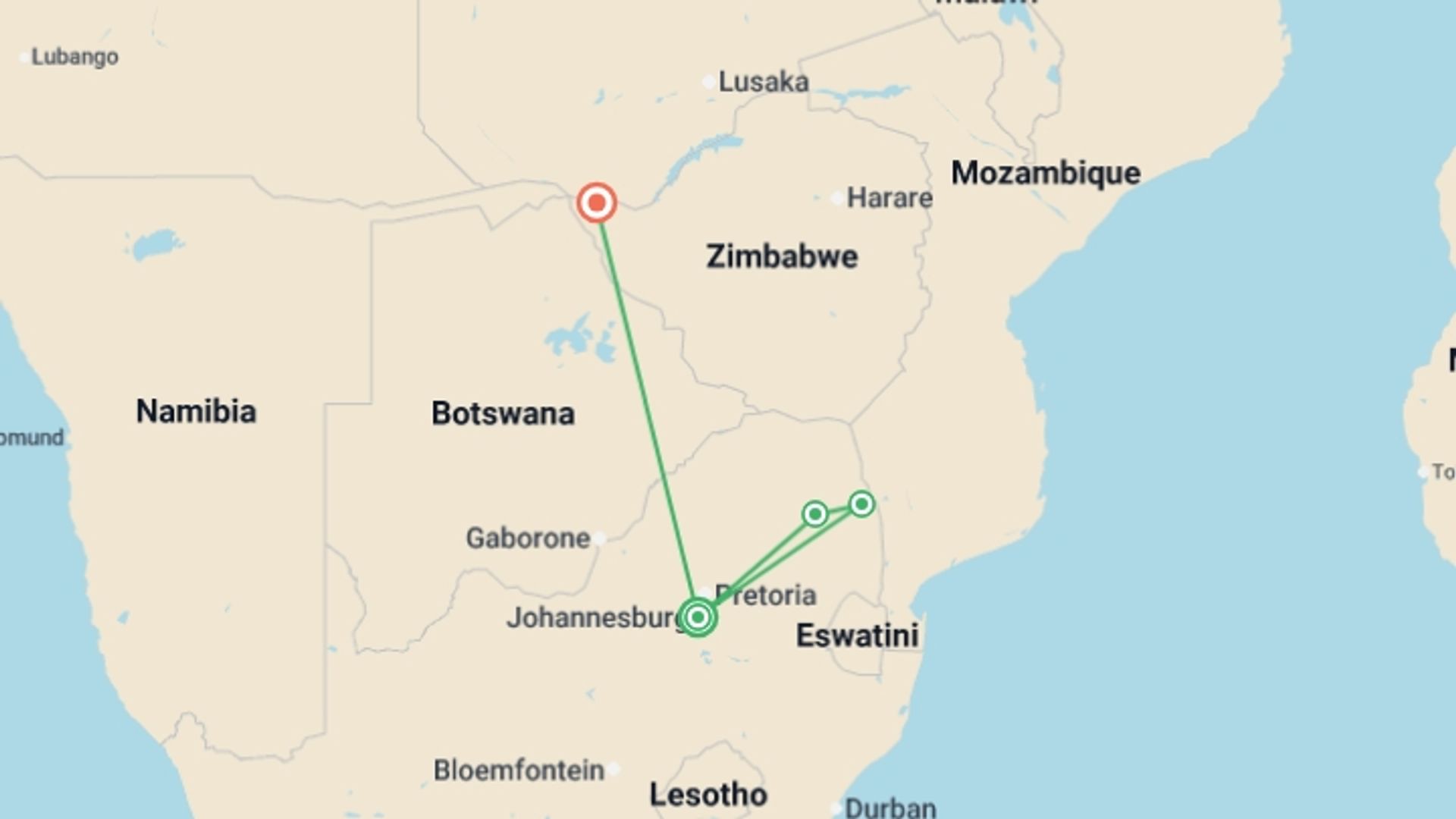 A map showing the tour itinerary for the trip: Journeys: Explore Kruger & Victoria Falls, starting in Johannesburg, South Africa and ending in Victoria Falls, Zimbabwe going through 2 other destinations.