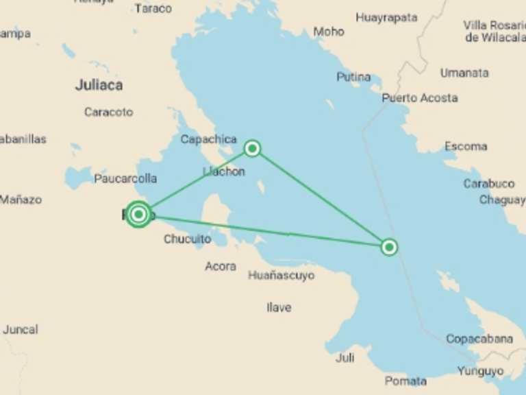 Map of Puno Tour with 3 destination visits for the trip: Amantani Homestay & Kayak Experience 2D/1N