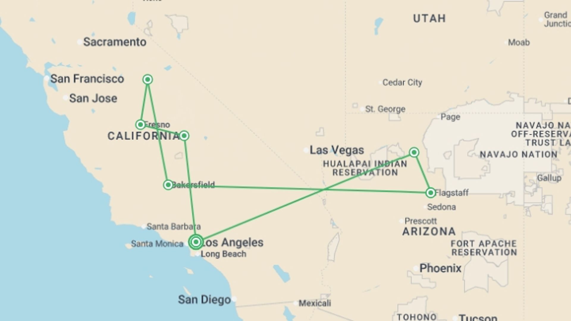 A map showing the tour itinerary for the trip: Los Angeles, Las Vegas with National Parks ROT, starting in Los Angeles, USA and ending in Los Angeles, USA going through 3 other destinations.