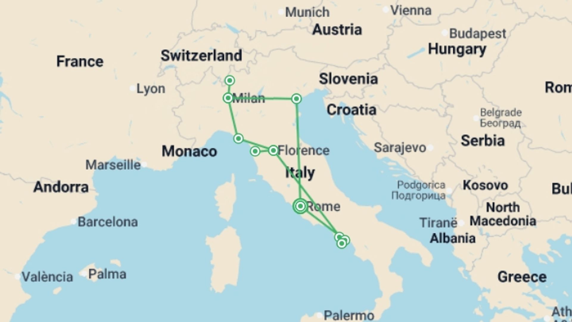 A map showing the tour itinerary for the trip: Italy: Pasta & Piazzas, starting in Rome, Italy and ending in Rome, Italy going through 5 other destinations.