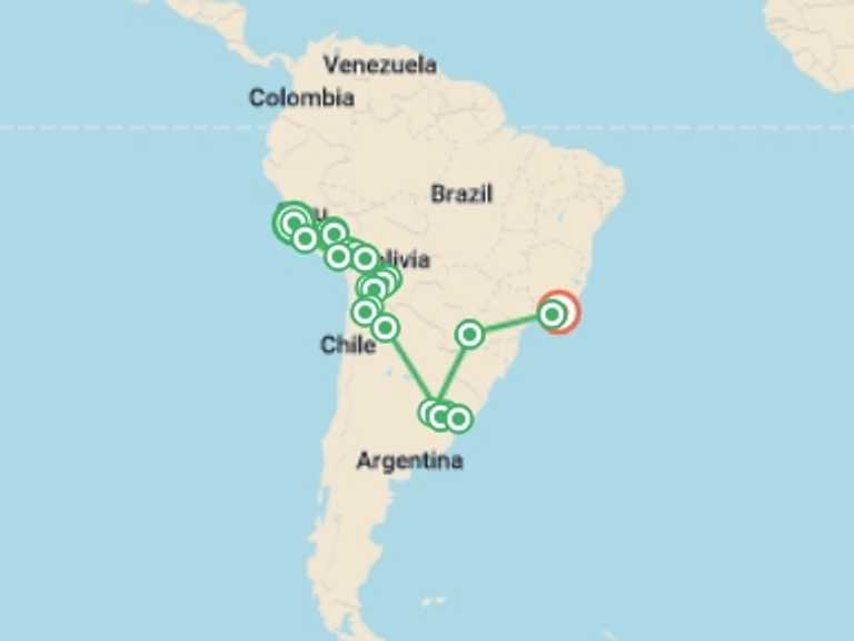 Map of South America Tour with 23 destination visits for the trip: South America: Lima to Rio