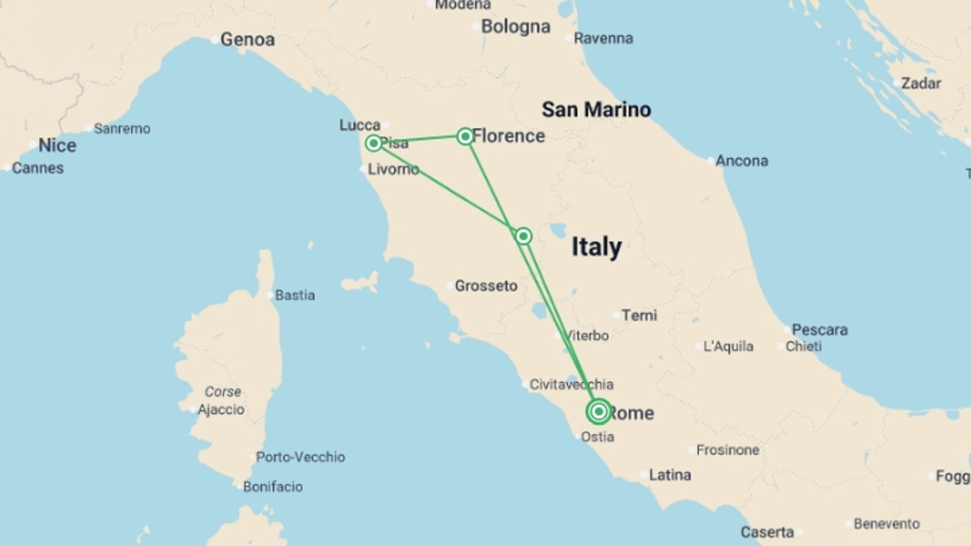 A map showing the tour itinerary for the trip: Central Italy Discovery - 6 days, starting in Rome, Italy and ending in Rome, Italy going through 3 other destinations.
