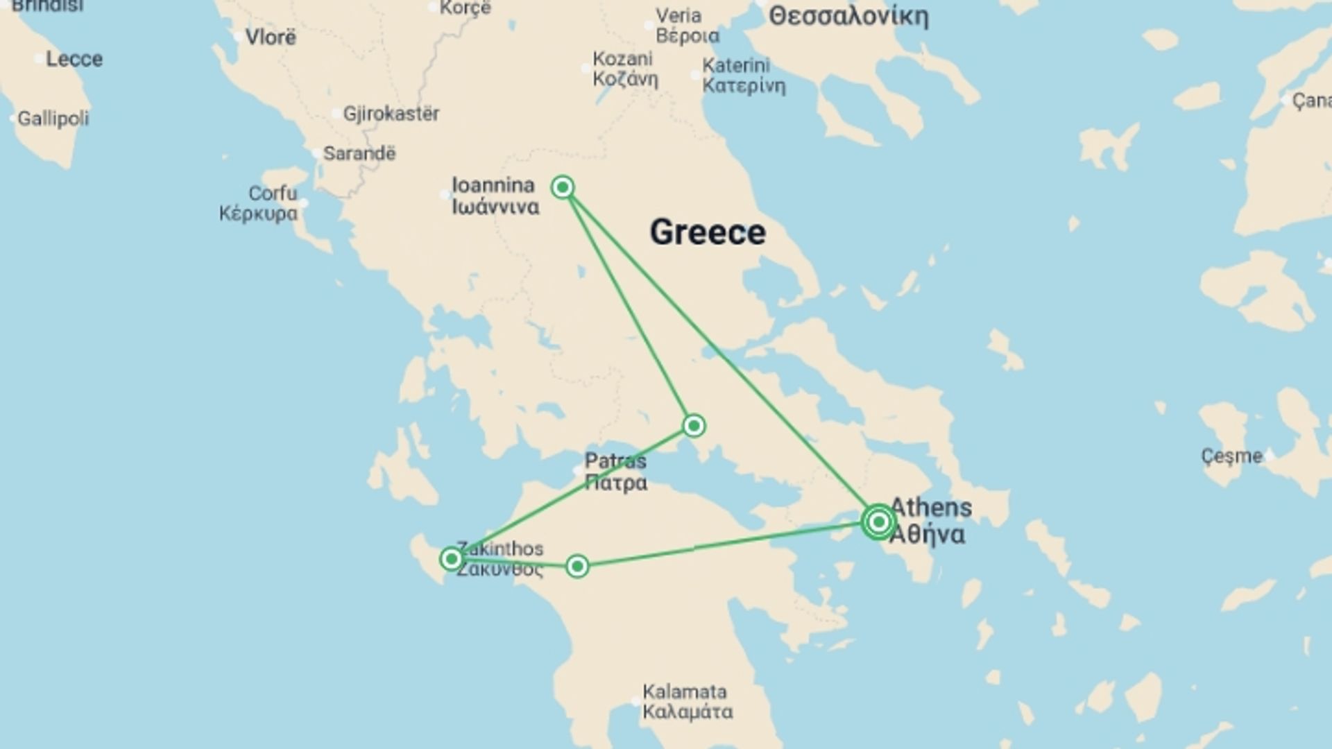 A map showing the tour itinerary for the trip: Greece Highlights & Zakynthos Escape - 9 days, starting in Athens, Greece and ending in Athens, Greece going through 4 other destinations.