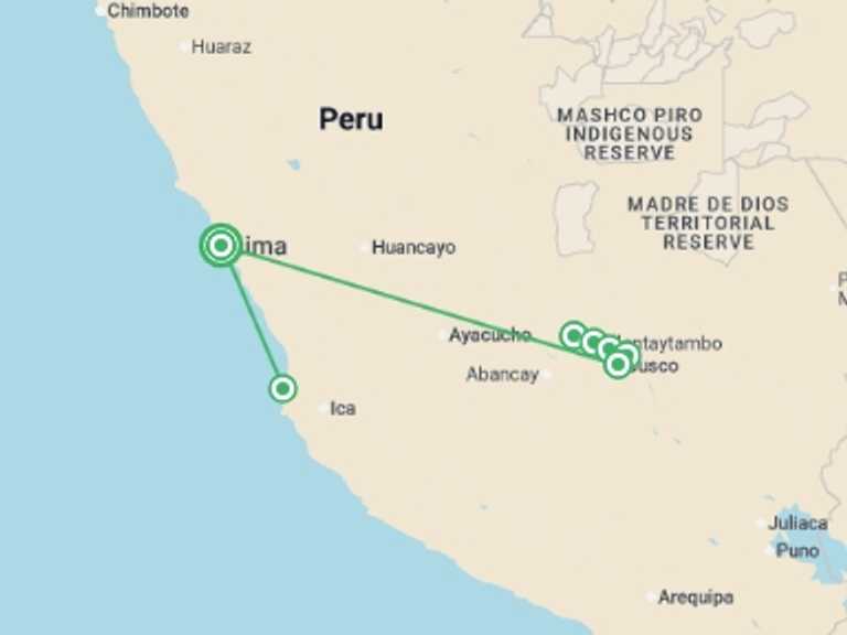 Map of South America Tour with 6 destination visits for the trip: Wonders of Peru