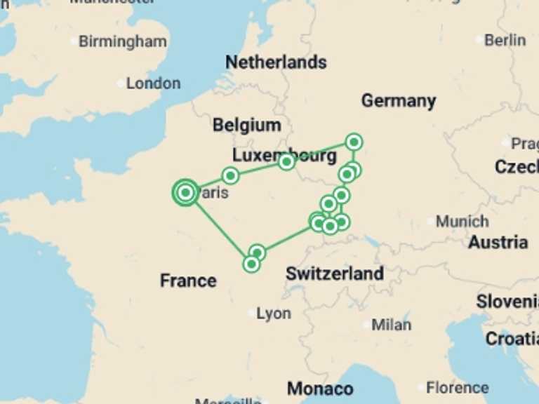 Map itinerary of Mediterranean Tour in July 2026 with 5 destination visits for the trip: Burgundy, Alsace and Black Forest End Paris