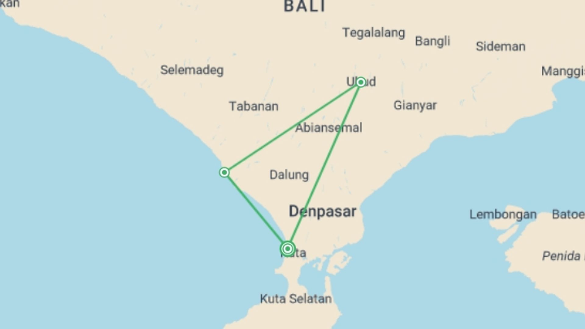 A map showing the tour itinerary for the trip: Bali Explorer, starting in Kuta, Indonesia and ending in Kuta, Indonesia going through 3 other destinations.