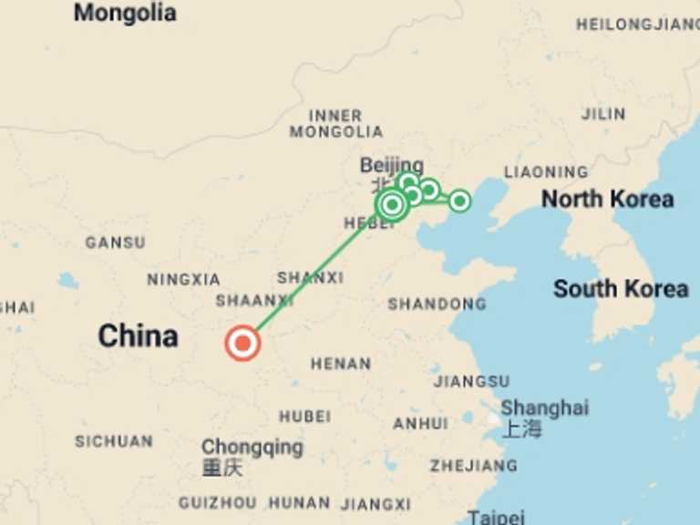 Map of China Tour with 8 destination visits for the trip: Walk the Great Wall + Xian Extension