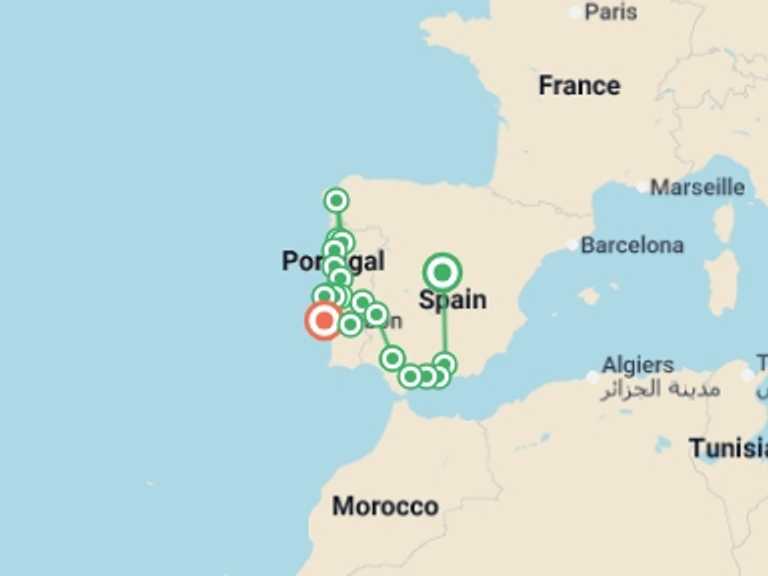 Map itinerary of Europe Tour in October 2026 with 8 destination visits for the trip: Andalusia and Portugal completely