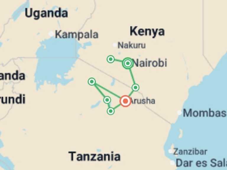 Map of 11-Day Africa Tour with 7 destination visits for the trip: Kenya & Tanzania: Serengeti Safari Adventure