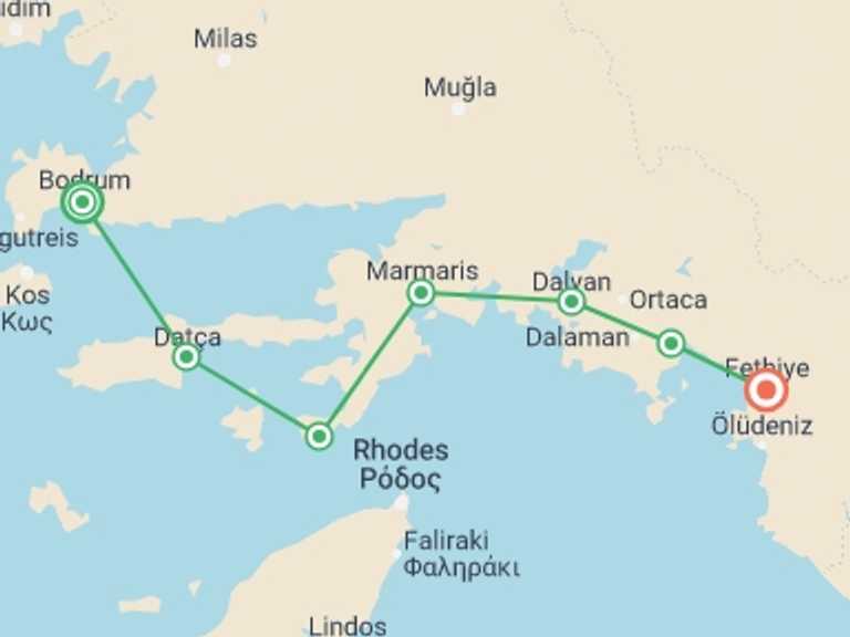 Map of a Sailing, yachting and motor boating Tour with 7 destination visits for the trip: Sail Turkey: Bodrum to Fethiye (Turkish Gulet)