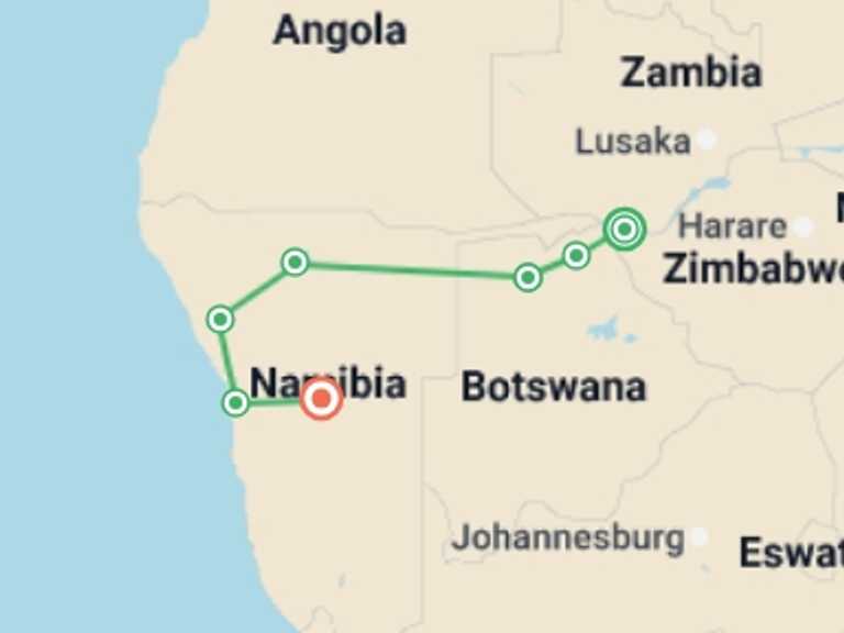 Map itinerary of Chobe National Park Tour in August 2026 with 7 destination visits for the trip: Falls, Botswana & Namibia - 14 days