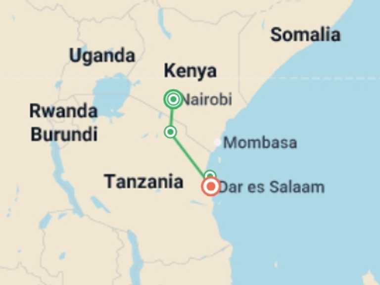 Map itinerary of Arusha Tour in Fall with 3 destination visits for the trip: Nairobi To Dar Es Salaam (14 Days)