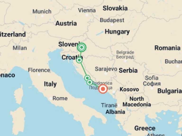 Map of Zagreb Cultural, religious and historic sites Tour with 5 destination visits for the trip: Zagreb to Dubrovnik: Parties & Plitvice Lakes